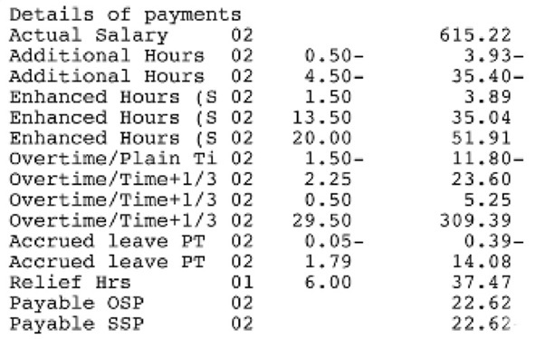 Payslip showing details of payments