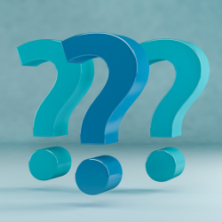 Three floating blue question marks with the middle one in the foreground in a slightly darker shade